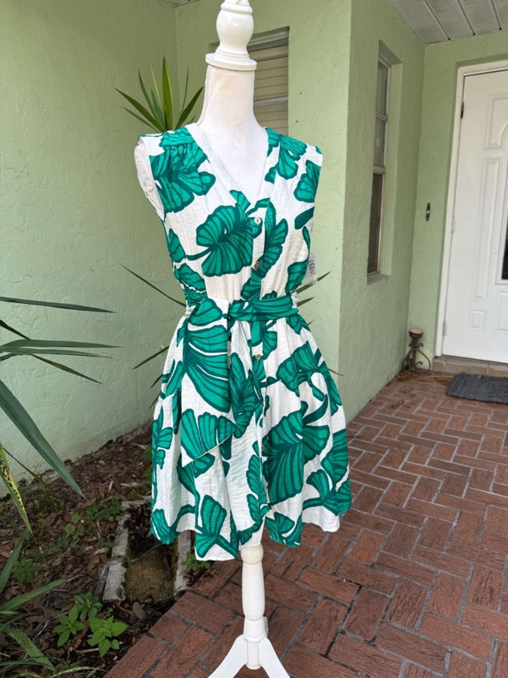 Green and Cream Palm Print Smocked Dress